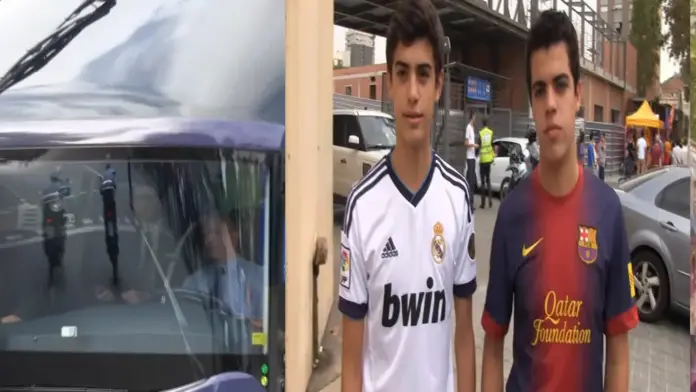 Clásico FC Barça vs Real Madrid 2013,Barça, madridista,culé,Camp Nou FOTOGRAFÍA. BARCELONA (CATALUÑA) ESPAÑA, 26 DE OCTUBRE DE 2013. Clásico FC Barça vs Real Madrid 2013. En la imagen dos hermanos, aficionados del Real Madrid y FC Barcelona, registrados hoy ante el Camp Mou, momentos antes del inicio del clásico. Buena gente de toda parte de la planeta acuden al Campo Nuevo del FC Barcelona celebrar su fiesta, su tradición con la esperanza que los separatistas no la interrumpan. Lasvocesdelpueblo (Ñ pueblo)