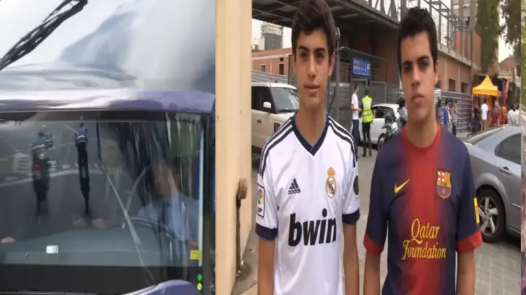 FOTOGRAFÍA. BARCELONA (CATALUÑA) ESPAÑA, 26 DE OCTUBRE DE 2013. Clásico FC Barça vs Real Madrid 2013. En la imagen dos hermanos, aficionados del Real Madrid y FC Barcelona, registrados hoy ante el Camp Mou, momentos antes del inicio del clásico. Buena  gente de toda parte de la  planeta acuden  al Campo Nuevo  del FC Barcelona celebrar su fiesta, su tradición con la esperanza que los separatistas no la interrumpan. Lasvocesdelpueblo (Ñ pueblo)