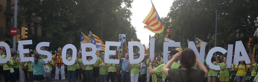 Manifestantes de Som Escola, entidad de Ómnium Cultural de Muriel Casals Couturier, reclamando 'desobediencia' al TSJC el pasado 14 de junio 2014 en Barcelona. Lasvocesdelpueblo