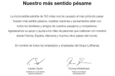 Lufthansa y de Germanwings firman conjuntamente una Carta de Pésame por el asesinato de 150 personas