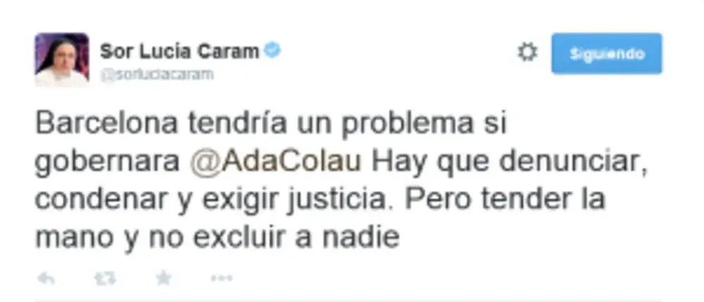 FOTOGRAFÍA. BARCELONA (CATALUÑA) REINO DE ESPAÑA, 05 DE MAYO DE 2015. La monja que dio, públicamente, 'El Abraso De Judas' al presidente separatista catalán, Artur Mas y que cree que "es la persona" adecuada para llevar lidera la fractura de España en la comunidad autónoma española de Cataluña, Sor Lucia Caram, ha pedido expresamente el voto para las formaciones separatistas catalanas. Lasvocesdelpueblo (Ñ Pueblo)