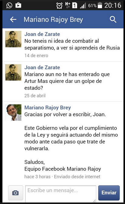 Zarate con Rajoy en Facebook ¿Mariano, aun no te has enterado que Artur Mas quiere dar un golpe de Estado, Rajoy Gracias, por volver a escribir, Joan.