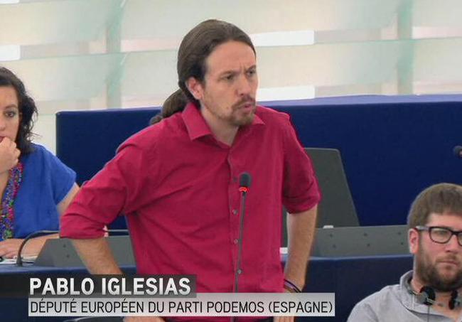el secretario general de Podemos durante su intevención en el parlamento europeo, hoy