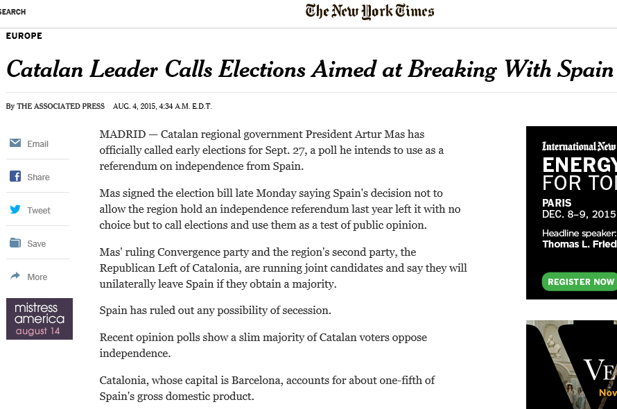 The New York Times «El Líder catalán convoca elecciones encaminadas a romper con España