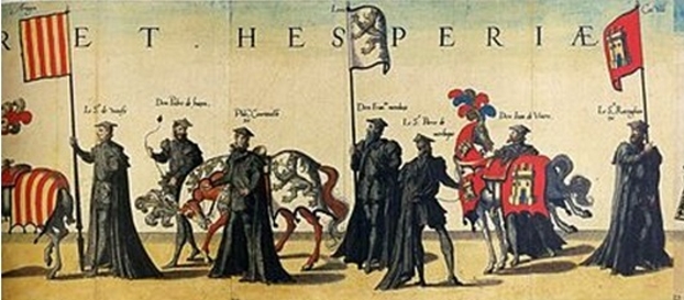 Estandartes con las armas de la Corona de Aragón, Corona formada por el Reino de Aragón y de Valencia, estandartes con las armas de la Corona de Castilla, Corona formada por el Reino de Castilla y León, en las exequias a la muerte de Carlos I.