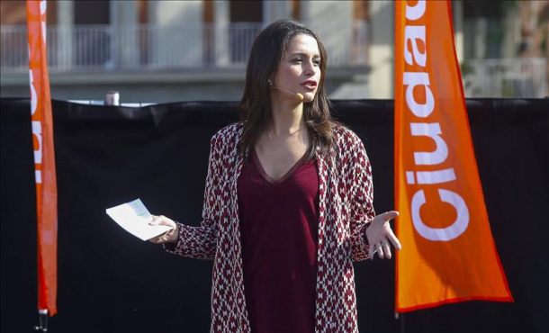 La portavoz del Ciudadanos en Cataluña, Inés Arrimadas, durante su intervención hoy en un acto en el Templo de Debod