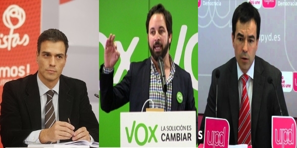 De (i) a la (d): Pedro Sánchez, PSOE; Santiago Abascal Conde, VOX y Andrés Herzog, UPyD. Foto/Lasvocesdelpueblo