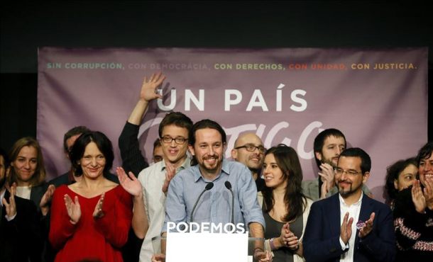 Pablo Iglesias, candidato de Podemos a la Presidencia del Gobierno, durante su comparecencia. EFE