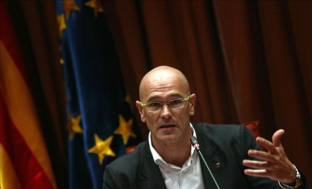 El consejero de Asuntos Exteriores, Relaciones Institucionales y Transparencia de la Generalidad de Cataluña, Raül Romeva, durante la clausura de la XXV Jornada europea del Consejo Catalán. Efe