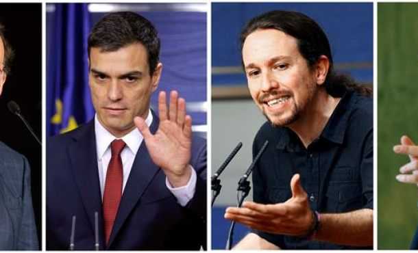 Los líderes del PP, Mariano Rajoy; del PSOE, Pedro Sánchez, y de los dos partidos emergentes y nuevos en el Congreso, Pablo Iglesias (Podemos) y Albert Rivera (Ciudadanos). Efe.