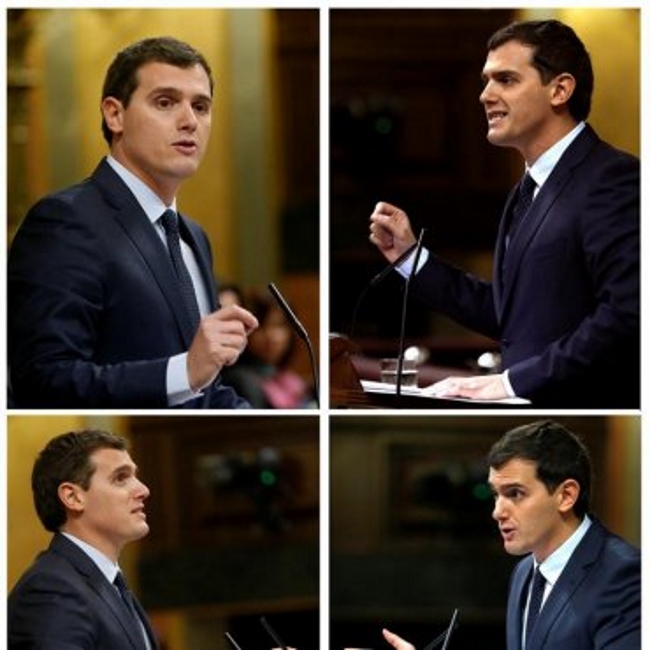 Combo de fotografías del líder de Ciudadanos, Albert Rivera, durante sus intervenciones en la sesión de esta tarde de la segunda jornada del debate. Efe