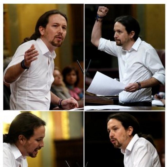 Combo de fotografías del líder de Podemos, Pablo Iglesias, durante sus intervenciones en la sesión de esta tarde de la segunda jornada del debate de investidura, Efe