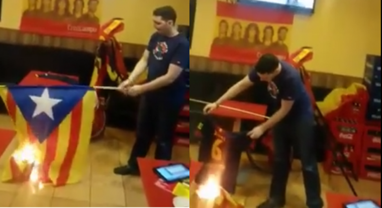 Queman y difunden el trapo separatista y la camiseta de «Xavi Hernandez» por «Traidor»