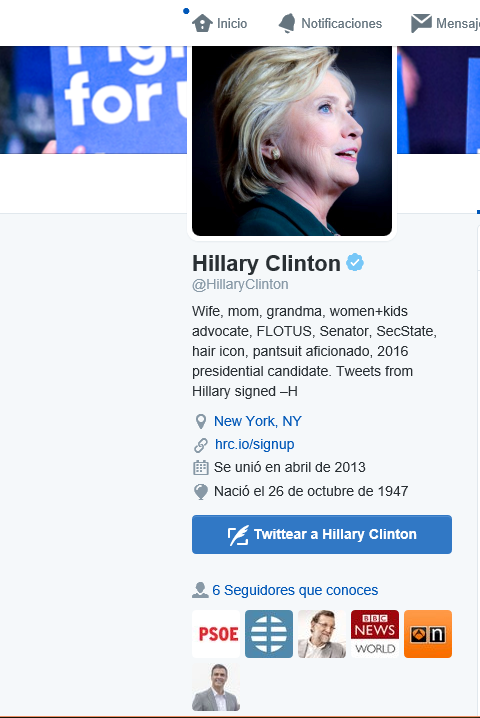 Captura pantalla cuenta de Hillary Clinton con seguidores como PP, PSOE, Sánchez y Rajoy