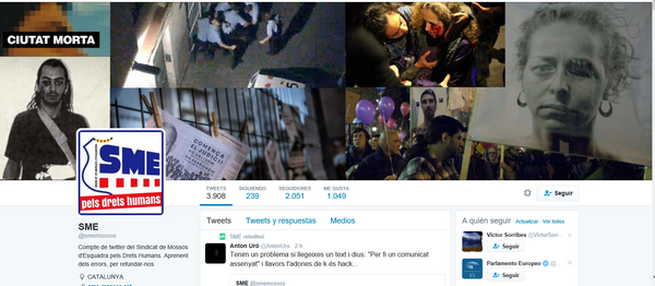 Captura pantalla de la cuenta oficial de sindicato de policía catalana pirateada hoy. lasvocesdelpueblo