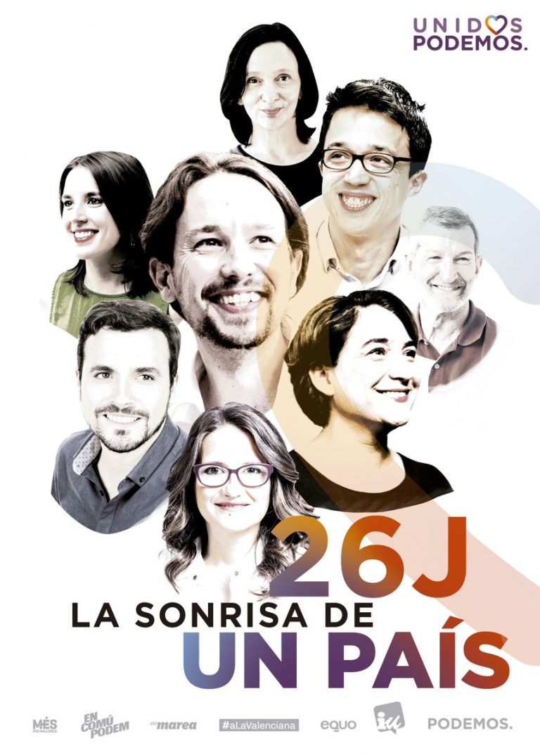 Cartel electoral de Unidos Podemos, sonriendo como vampiros antes de atacar al Ser humano