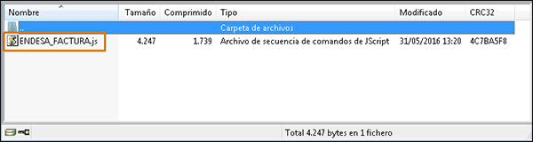 El fichero comprimido contiene un archivo JavaScript llamado «ENDESA_FACTURA.js»