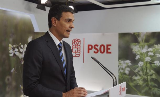 El secretario general, Pedro Sánchez, durante una declaración institucional, hoy en la sede socialista de Ferraz. Lasvocesdelpueblo.