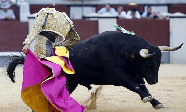 El diestro Pepe Moral da un pase a uno de sus astados en la primera corrida de toros del mes de agosto en Las Ventas, con astados de la ganadería de El Ventorrillo... EFE