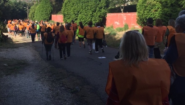 Familiares, cuidadores y miembros de la Federación Alzhéimer Galicia (FAGAL) caminando hoy en Galicia por el Alzheimer. Imagen facilitada por el colectivo AFAOR de Orense. Lasvocesdelpueblo.