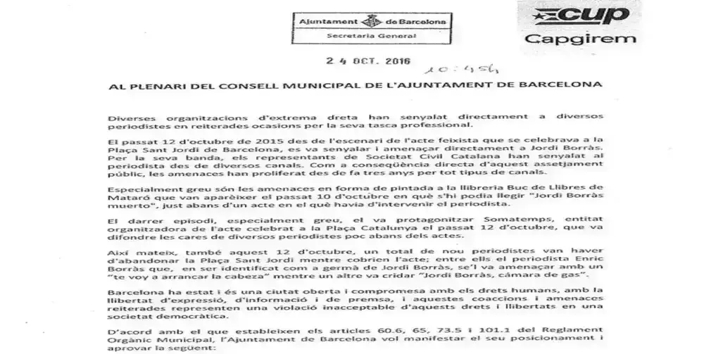 FOTOGRAFÍA. BARCELONA (CATALUÑA) REINO DE ESPAÑA, 25 DE OCTUBRE DE 2016. El Grupo municipal de la CUP en el Ayuntamiento de Barcelona, pretende llevar al plenario una absurda Declaración institucional, para su aprobación. Lasvocesdelpueblo (Ñ Pueblo)