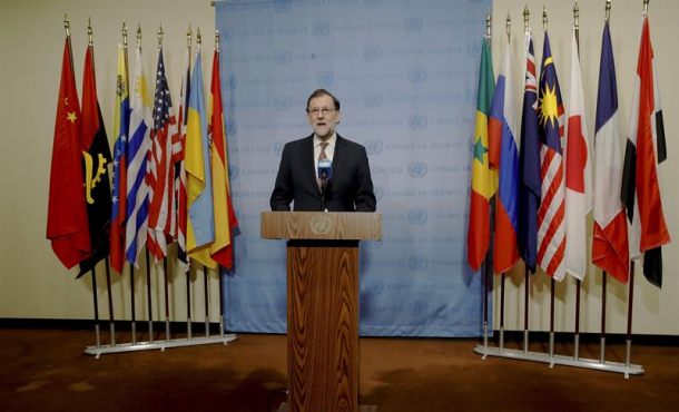El  presidente del Gobierno, Mariano Rajoy, durante la rueda de prensa ofrecida tras el Consejo de Seguridad de la ONU en donde se han aprobado medidas para combatir la trata de personas, especialmente mujeres y niñas, en situaciones de conflicto y de terrorismo. Efe.