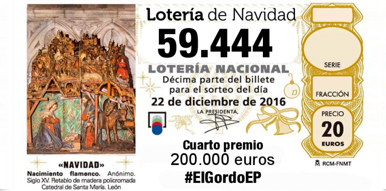 Primer cuarto premio 59.444 de Loteria de Navidad 2016, dotado con 200.000€, Lérida y Madrid