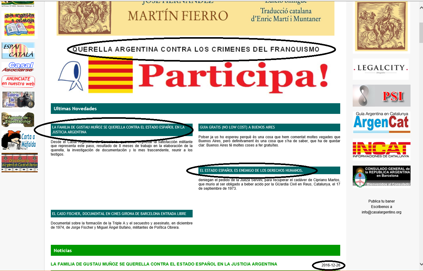 Captura de pantalla 2017-01-01 10.24.51 de la portado del colectivo separatista de inmigrantes argentinos en Barcelona, Casal Argentino de Barcelona. Lasvocesdelpueblo