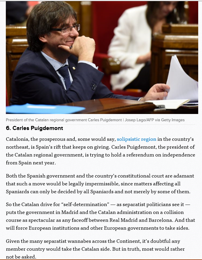 Captura de pantalla del 3 de 01 de 2017 a las 14.40.25 horas del texto de la revista inglesa 'Politic', lista de los personajes destructores para este 2017 en la que aparece el presidente de Cataluña, Carles Puigdemont. Lasvocesdelpueblo.