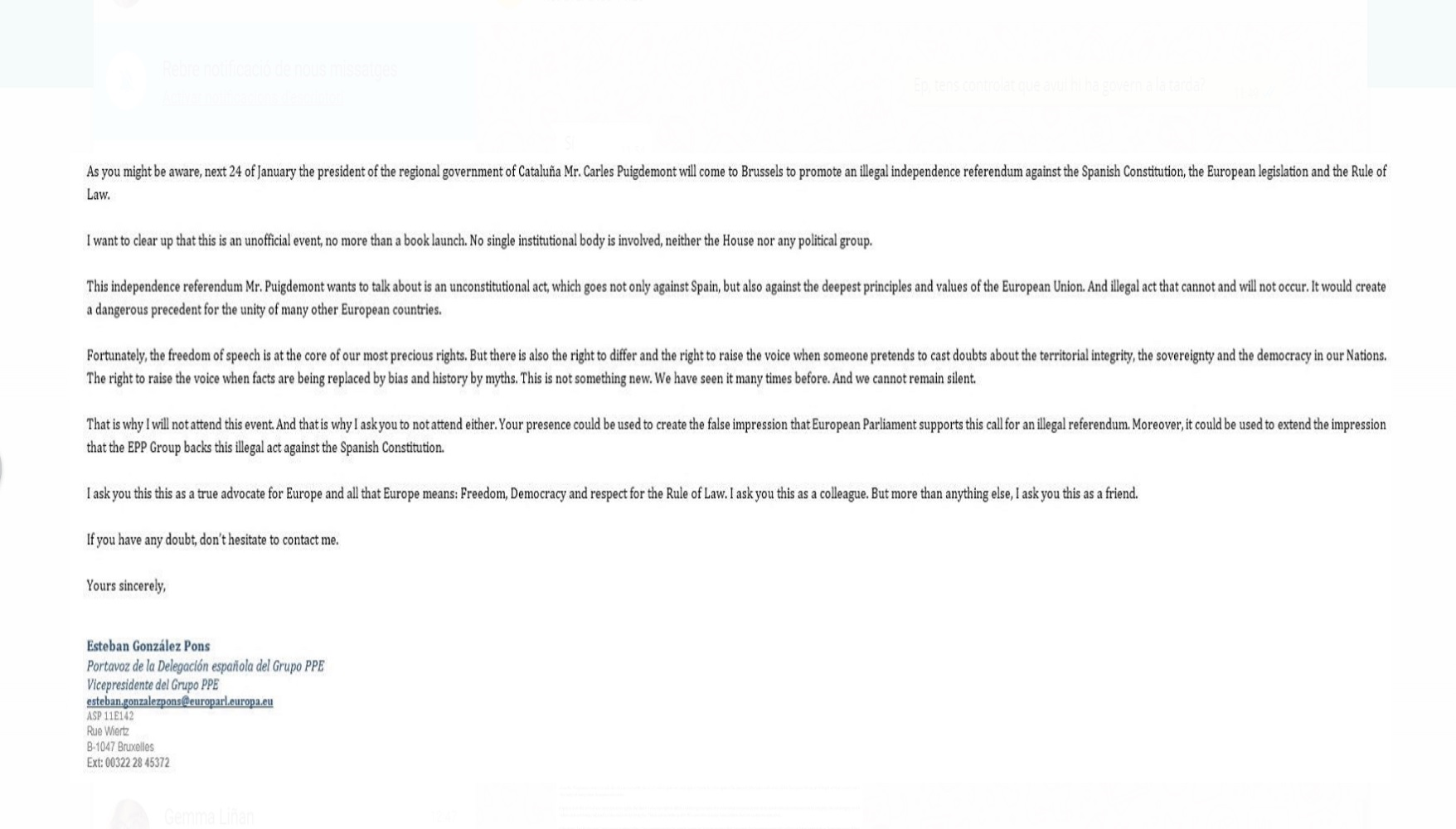 Carta de esteban González Pons a los populares europeus sobre la conferencia de Puigdemont. lasvocesdelpueblo