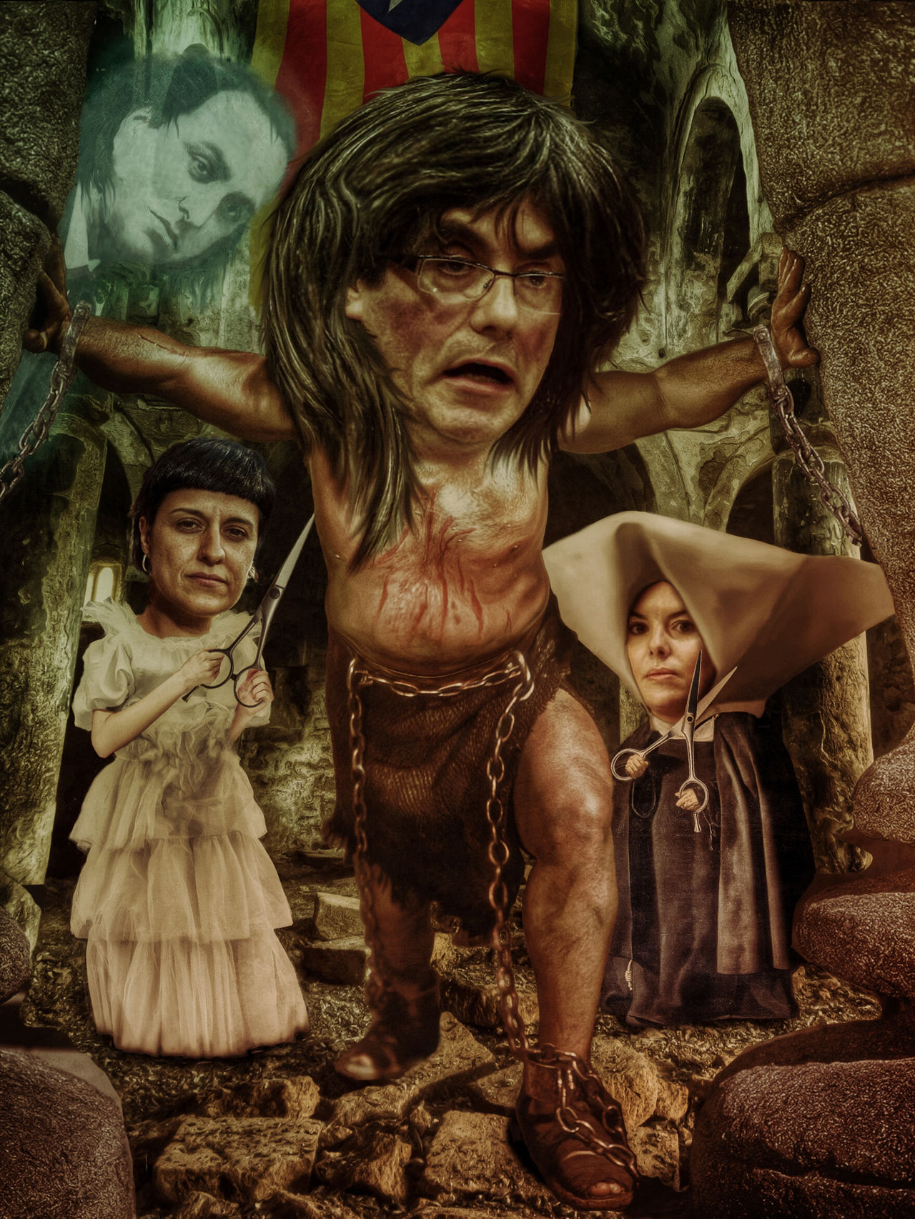 En la imagen, el actual presidente de la generalidad de Cataluña, Carles Puigdemont en primer plano, con un trapo separatista catalanista en el fondo y de la izquierda... Lasvocesdelpueblo