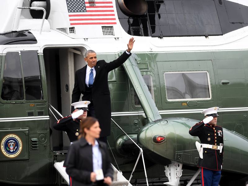 Obama abandona el Capitolio. 20.01.2017 El ya expresidente Obama ha abandonado el Capitolio en el helicóptero presidencial junto con su mujer y los Trump. Afp.