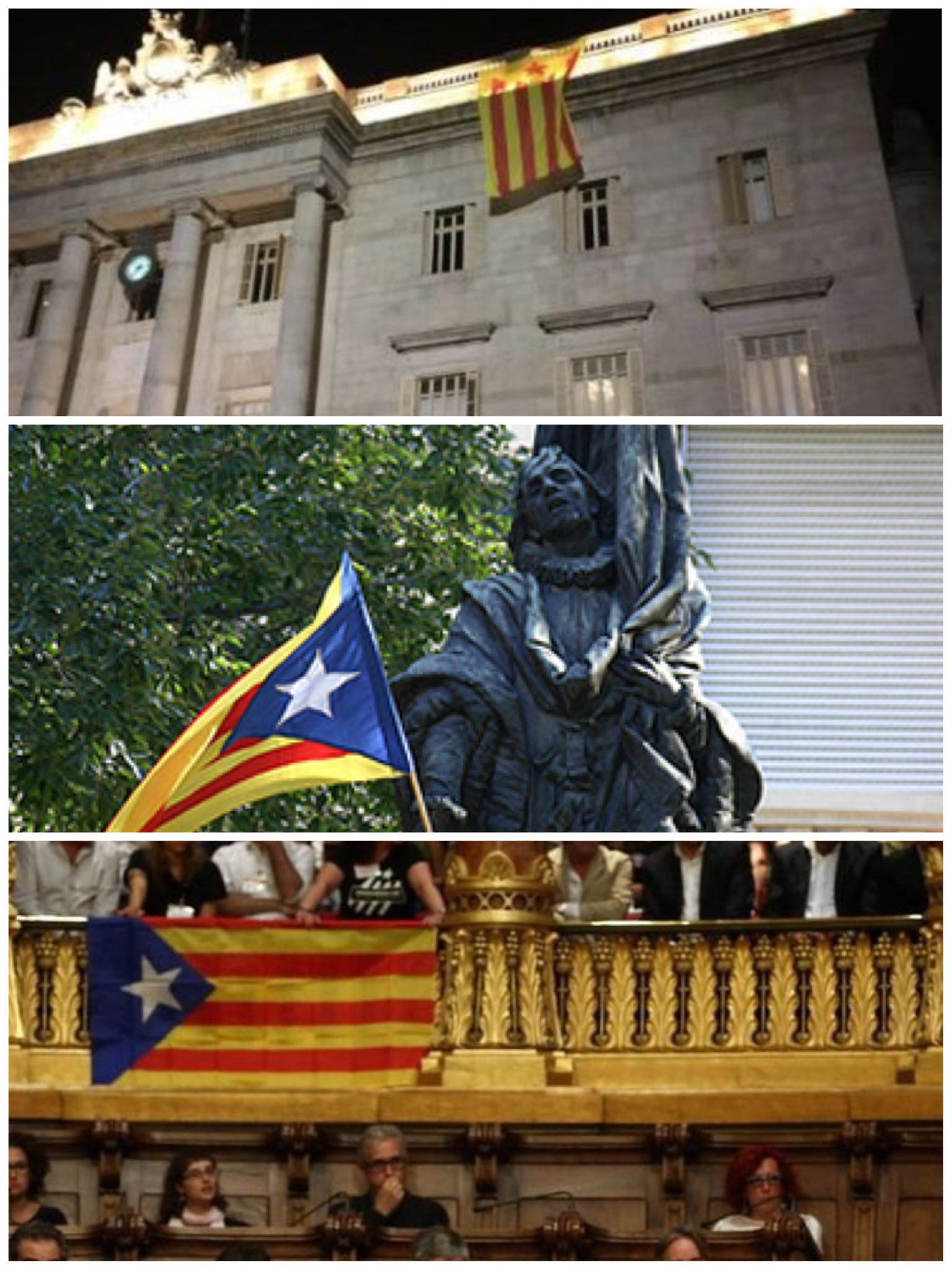 Un combo-denuncia del líder del PP en Barcelona de fotografía de presencia de trapos separatistas de JxSí y CUP en monumentos e edificios del Ayuntamiento de Barcelona. Lasvocesdelpueblo