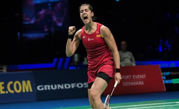 La española Carolina Marín celebra un punto en la final de los Europeos de Dinamarca. Efe.