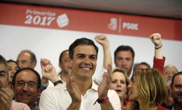 Sede del PSOE (Madrid), 21.05.2017. El vencedor de las primarias socialistas, Pedro Sánchez, comparece en Ferraz tras conocerse los resultados a la Secretaría General del PSOE. Efe