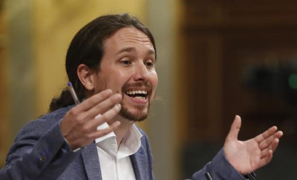 El líder de Podemos., Pablo Iglesias, durante una de sus intervenciones en el debate, hoy 13.06.2017 en el pleno del Congreso, de la moción de censura. Efe.
