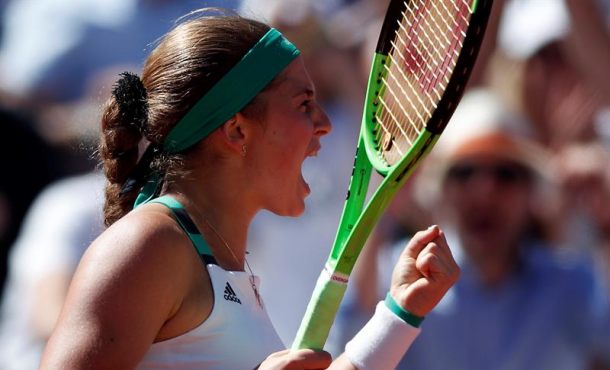 elena Ostapenko of Latvia reacts as she plays against Simona Halep of Romania during their women'Äôs singles final match during the French Open tennis. Efe