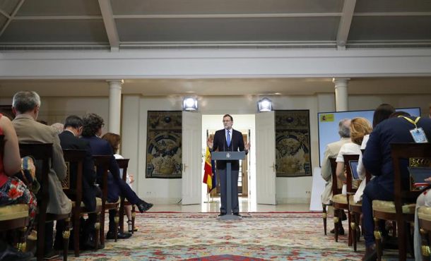 Capital de España 28.07.2017. El presidente del Gobierno, Mariano Rajoy, durante su comparecencia hoy en Moncloa para hacer balance del curso político. Efe.