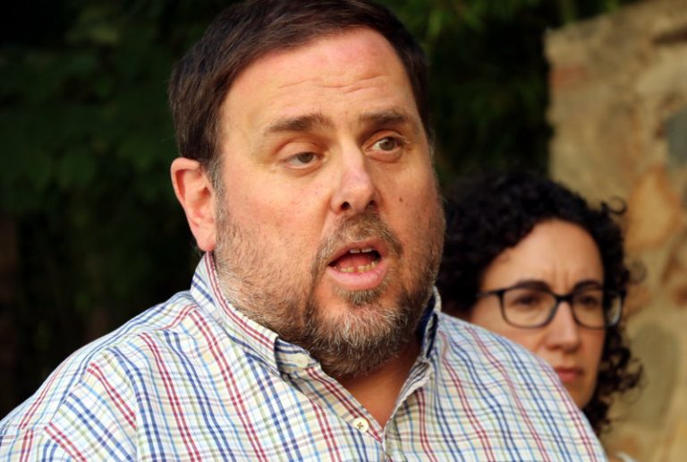 Primer plano del vicepresidente y consejero de Economía y Finanzas, Oriol Junqueras, haciendo declaraciones en Poblet (Conca de Barberà), el 22 de julio de 2017. (Horizontal