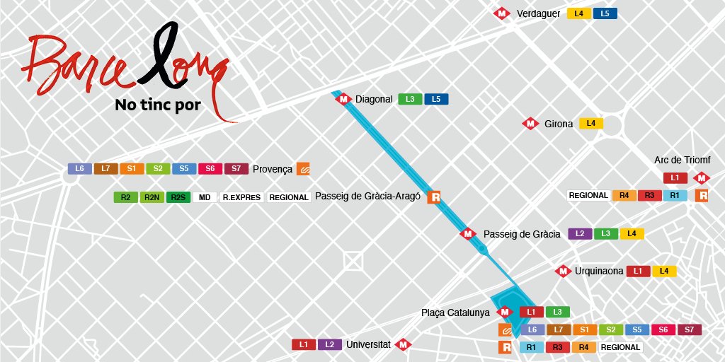 Un mapa de la manifestación 'No tengo miedo' que convoca el Ayuntamiento de Barcelona y la Generalidad de Cataluña. lasvocesdelpueblo.