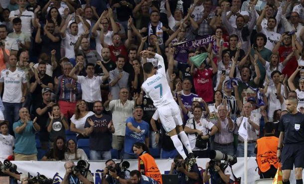 13.09.2017. El delantero portugués del Real Madrid, Cristiano Ronaldo, celebra el gol marcado ante el Apoel, el primero del equipo. Efe.