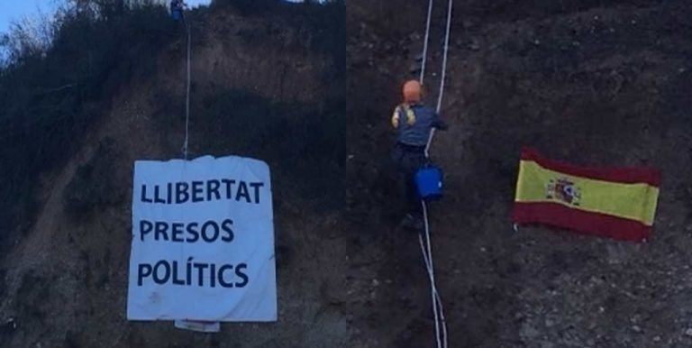 Tumban la pancarta gigante «Políticos Presos» de Castellar y colocan bandera de España