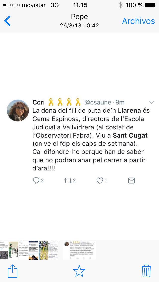 El fascismo de la República amarilla de ERC, CUP y Convergencia- PDECAT señala a los familiares del juez Llarena en Cataluña. Lasvocesdelpueblo