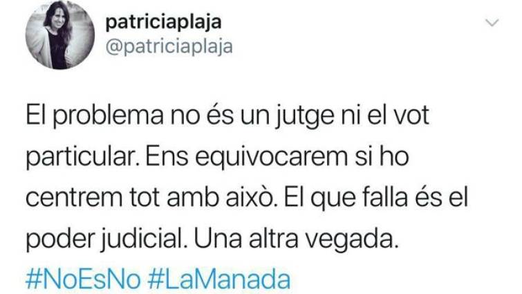 La bura en twitter de esta jefa de prensa d ela Genestapo en Cataluña, Patrici Plaja, contra la institución judicial española, que para ella siempre falla. Lasvocesdelpueblo