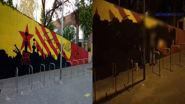 SANTS (BARCELONA) ESPAÑA, 01.05.2018. En un combo de fotografías, a la izquierda el mural neonazis de (CDR) en Sants y su final. Lasvocesdelpueblo