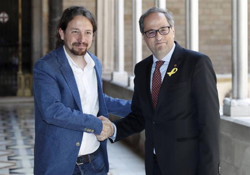 BARCELONA (ESPAÑA), 25.06.2018. El cómplice de los enemigos de España y actual secretario general de la formación traidora Podemos, Pablo Iglesias (i) junto al neofascista Quim Torra Pla. Efe