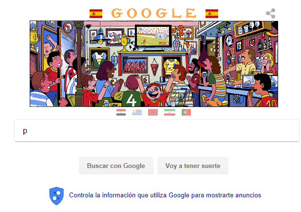 ESPAÑA, 15.06.2018. Vista de una captura de pantalla de la portada de la principal página internet de Google, con los colores de la bandera de España y aficionados españoles. Lasvocesdelpueblo