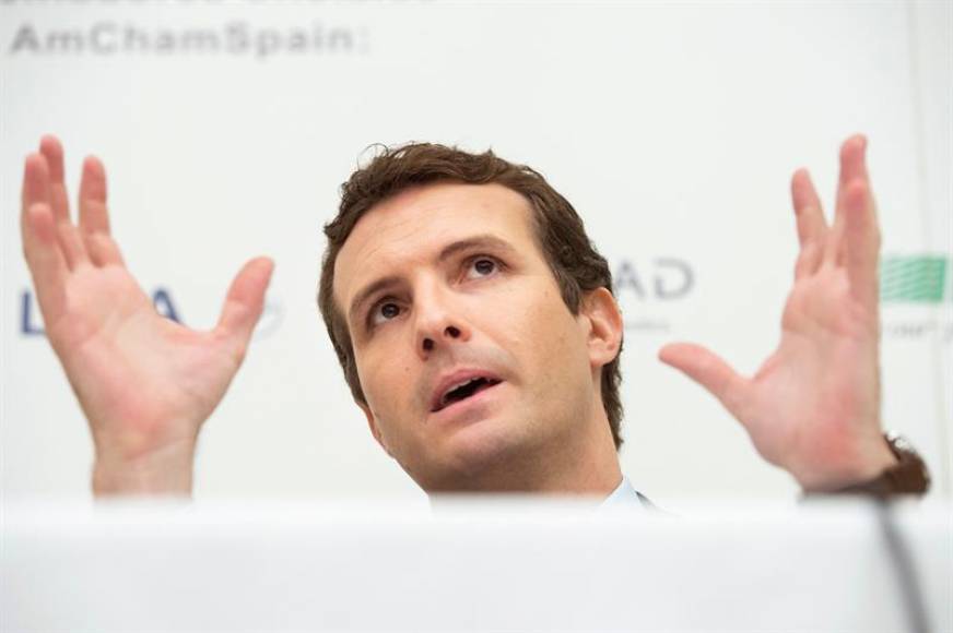 MADRID (ESPAÑA), 25.10.2018. El presidente del Partido Popular Pablo Casado, durante su intervención en los Diálogos sobre competitividad. Efe.