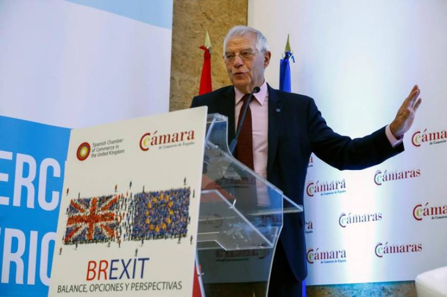 MADRID (ESPAÑA), 29.11.2018. El ministro de Exteriores, Josep Borrell, durante su discurso en un acto sobre el brexit en la Cámara de Comercio. Efe.