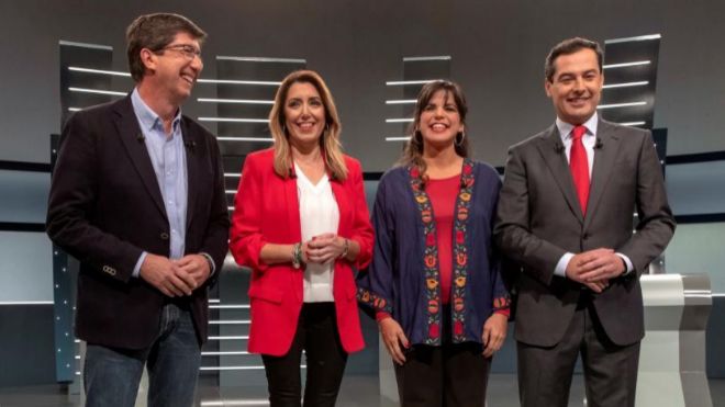 SEVILLA (ESPAÑA), 26.11.2018. Los cuatro principales candidatos a la Presidencia de la Junta de Andalucía (i-d) Juan Martín (Ciudadanos), Susana Díaz (PSOE). Efe